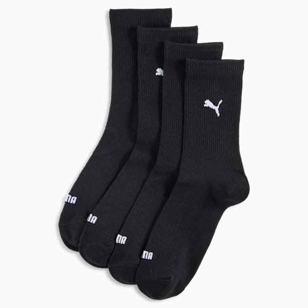 Black PUMA adult socks, ribbed with logos near the top and toes.