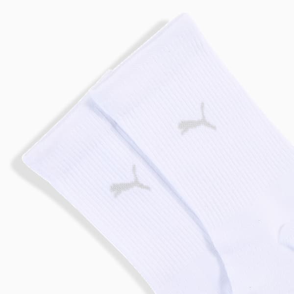 White PUMA socks with a grey logo, ribbed texture.