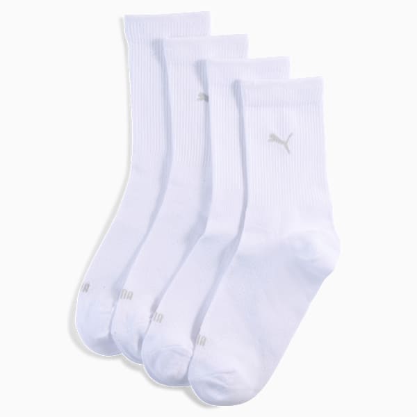 White PUMA socks for adults, featuring a ribbed texture and logo detail.