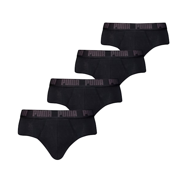 Black PUMA men's briefs with a logo waistband, arranged in a staggered stack.