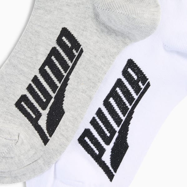 Grey and white PUMA socks for adults with a black logo print.