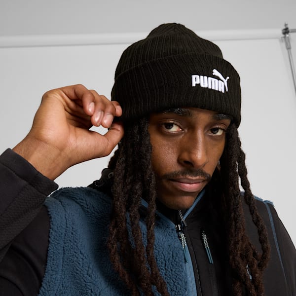 PUMA Logo Ribbed Cuff Beanie, BLACK, extralarge
