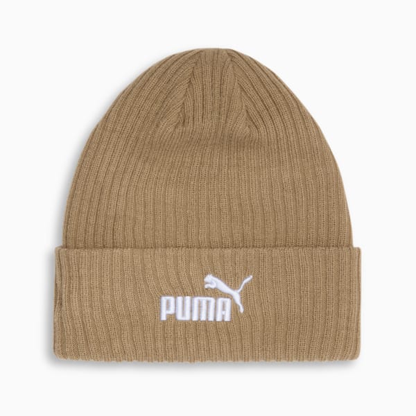 PUMA Logo Ribbed Cuff Beanie, DARK BEIGE, extralarge
