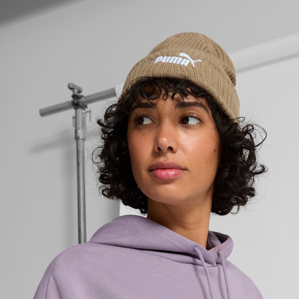 PUMA Logo Ribbed Cuff Beanie, DARK BEIGE, extralarge