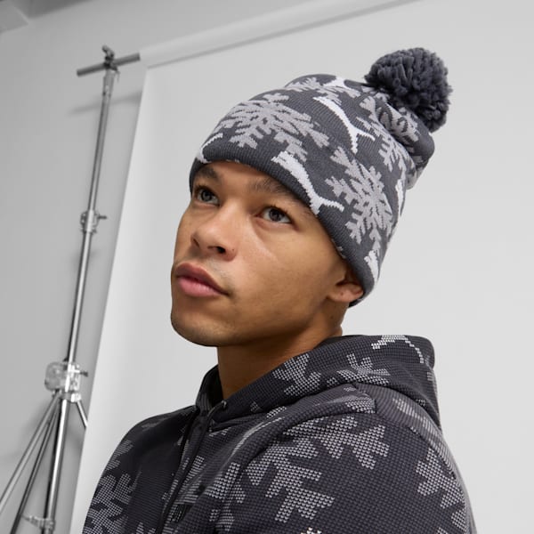 Fair Isle Winter Pom Pom Snowflake Beanie, DARK GREY, extralarge