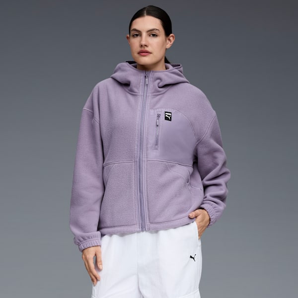Polar Fleece Hooded Jacket Women, PURPLE/BROWN, extralarge