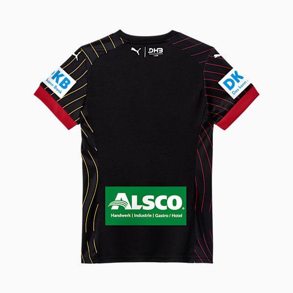 Black PUMA men's t-shirt with red sleeves and sponsor logos on the front and sleeves.