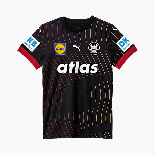 Black PUMA t-shirt with red sleeve ends and brand logos and 'atlas' text on the front.