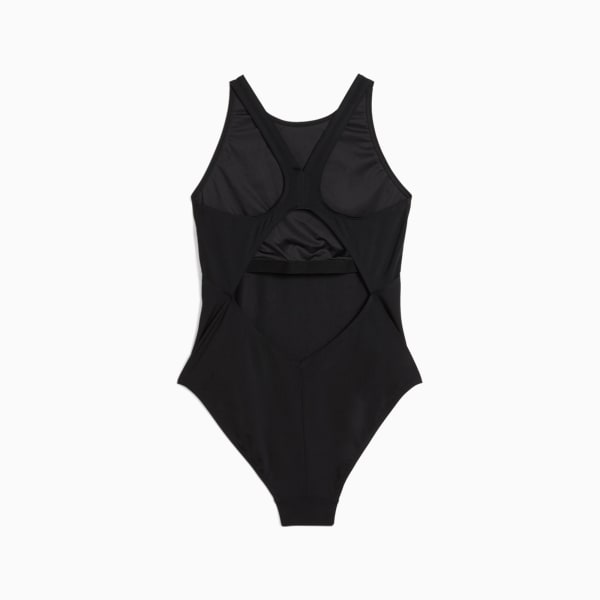 Back view of black PUMA women's swimsuit with racerback and cut-out detail.