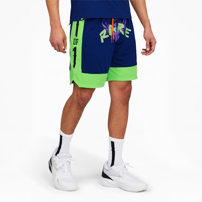 Short de basketball RARE, homme, Bleu Elektro-vert gecko