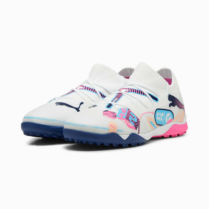 Puma Zapatos de futbol Future 7 Match Volume Up Turf Unisex White Luminous Blue Poison Pink Fizzy Melon 10.5 UK