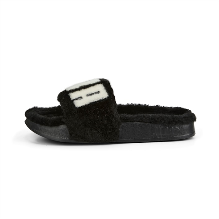 Black puma fur slides store