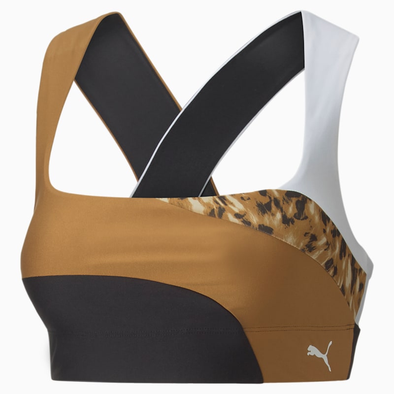 Mid Impact Safari Glam Training Bra Women, Puma Black-Desert Tan-Fur real print
