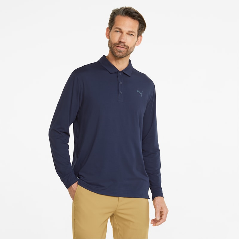 CLOUDSPUN Long Sleeve Golf Polo Shirt Men, Navy Blazer-Evening Sky