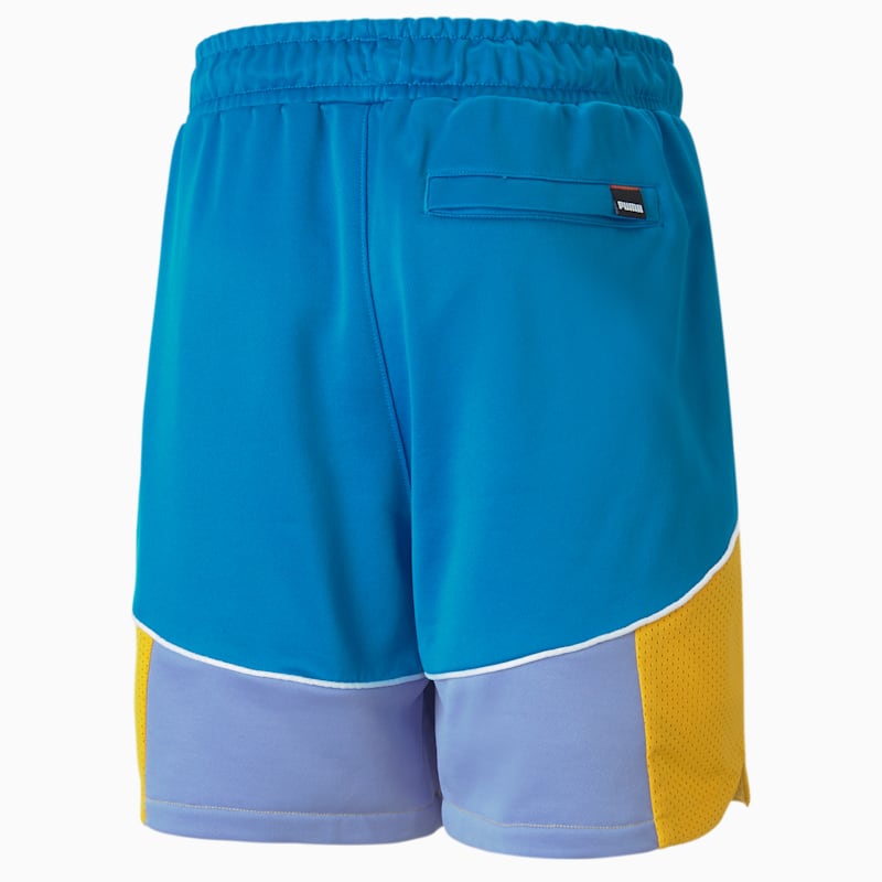 Drop Step Colorblock Men's Basketball Shorts, Bleu Azur-Hot Coral