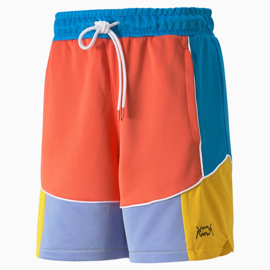 Drop Step Colorblock Men's Basketball Shorts, Bleu Azur-Hot Coral