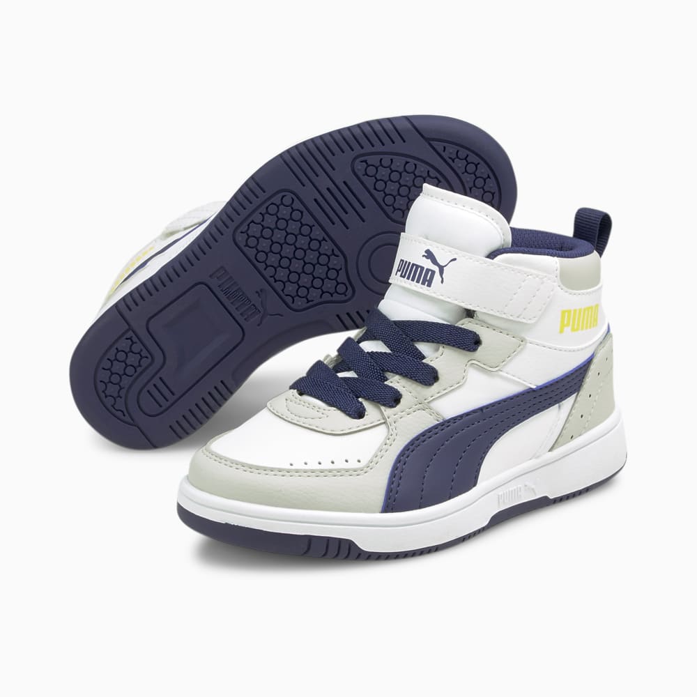 Изображение Puma Детские кеды Rebound JOY Kids' Trainers #2: Puma White-Elektro Blue-Gray Violet-Sulphur Spring