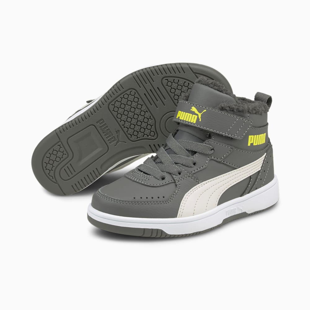 Изображение Puma Детские кеды Rebound Joy Fur Kids' Trainers #2: CASTLEROCK-Nimbus Cloud-Nrgy Yellow-Puma White