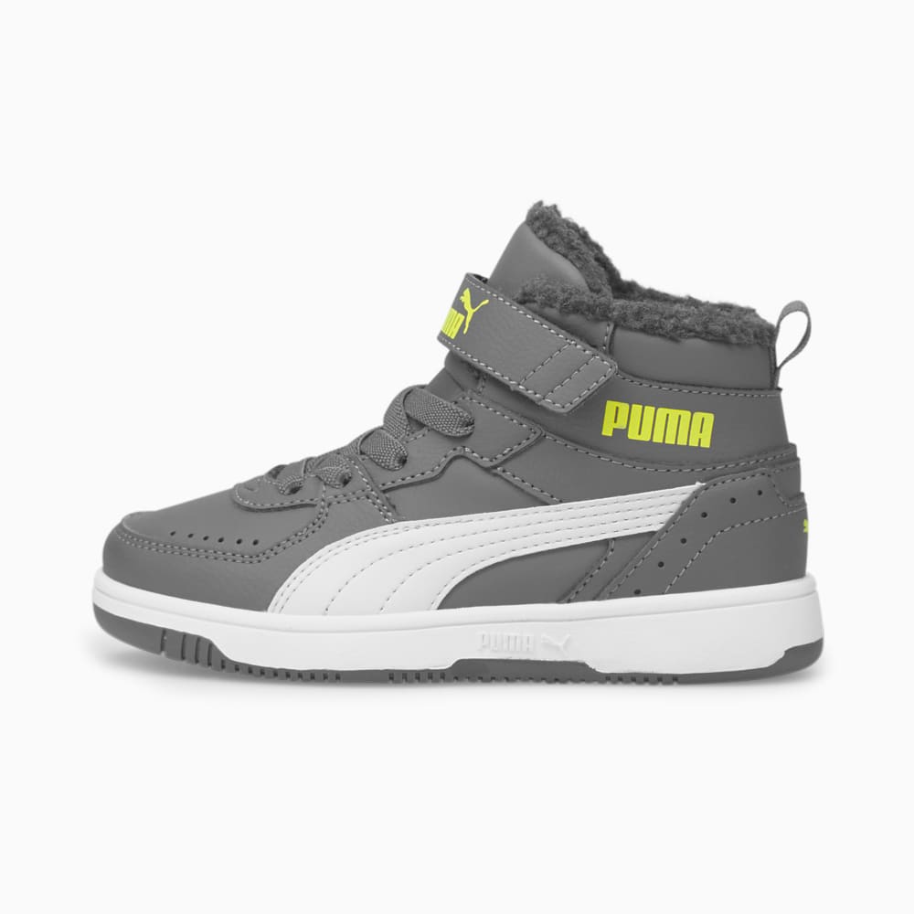 Изображение Puma Детские кеды Rebound Joy Fur Kids' Trainers #1: CASTLEROCK-Nimbus Cloud-Nrgy Yellow-Puma White