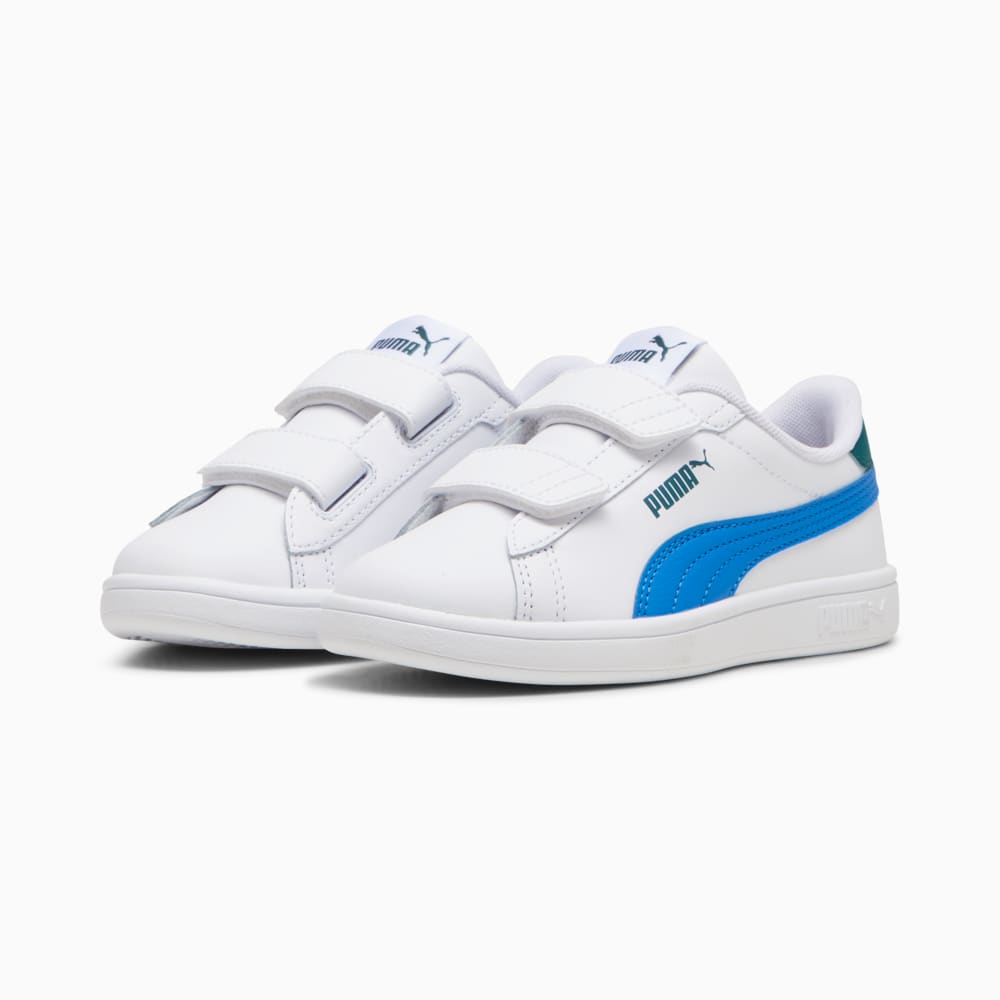 Изображение Puma Детские кроссовки Smash 3.0 Leather V Sneakers Kids #2: PUMA White-Hyperlink Blue-Cold Green