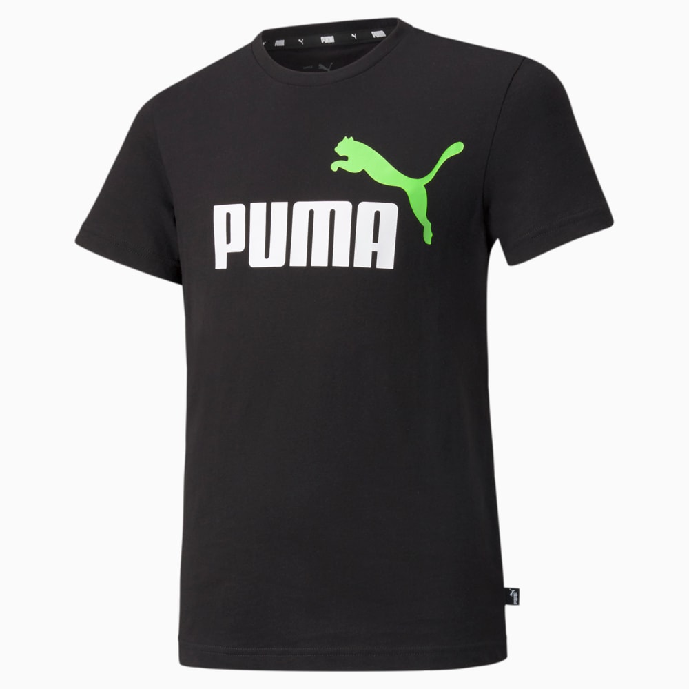 Изображение Puma Детская футболка Essentials+ Two-Tone Logo Youth Tee #1: Puma Black-Green Flash