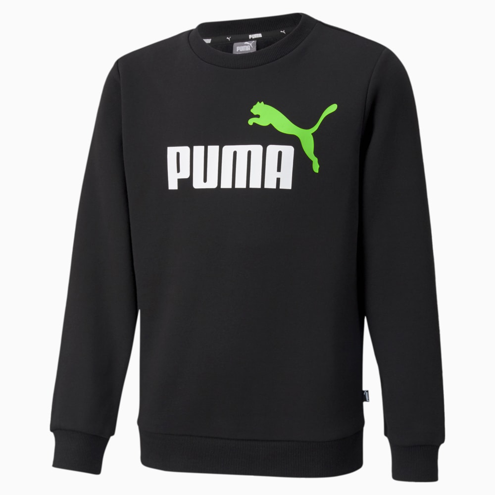 Изображение Puma Детская толстовка Essentials+ Two-Tone Big Logo Crew Neck Youth Sweater #1: Puma Black-Green Flash