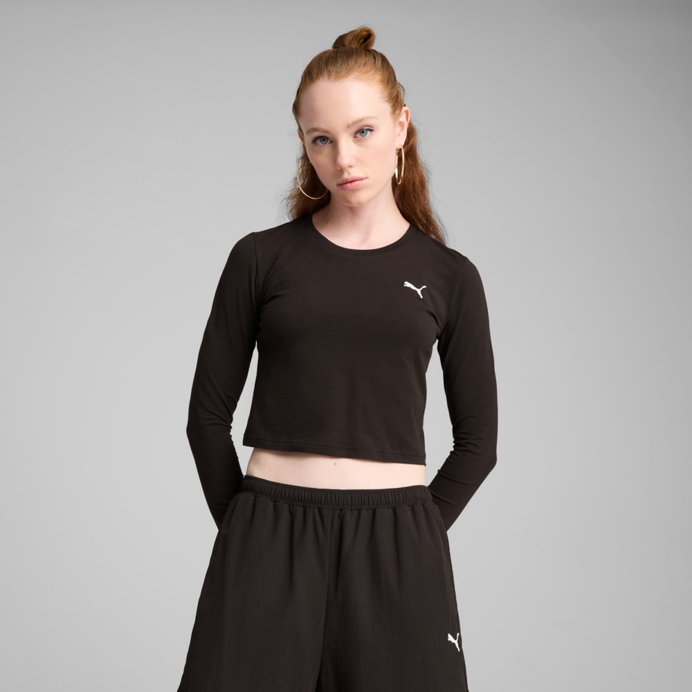 Изображение Puma Лонгслив WARDROBE ESS Longsleeve Baby Tee Women #1: Puma Black