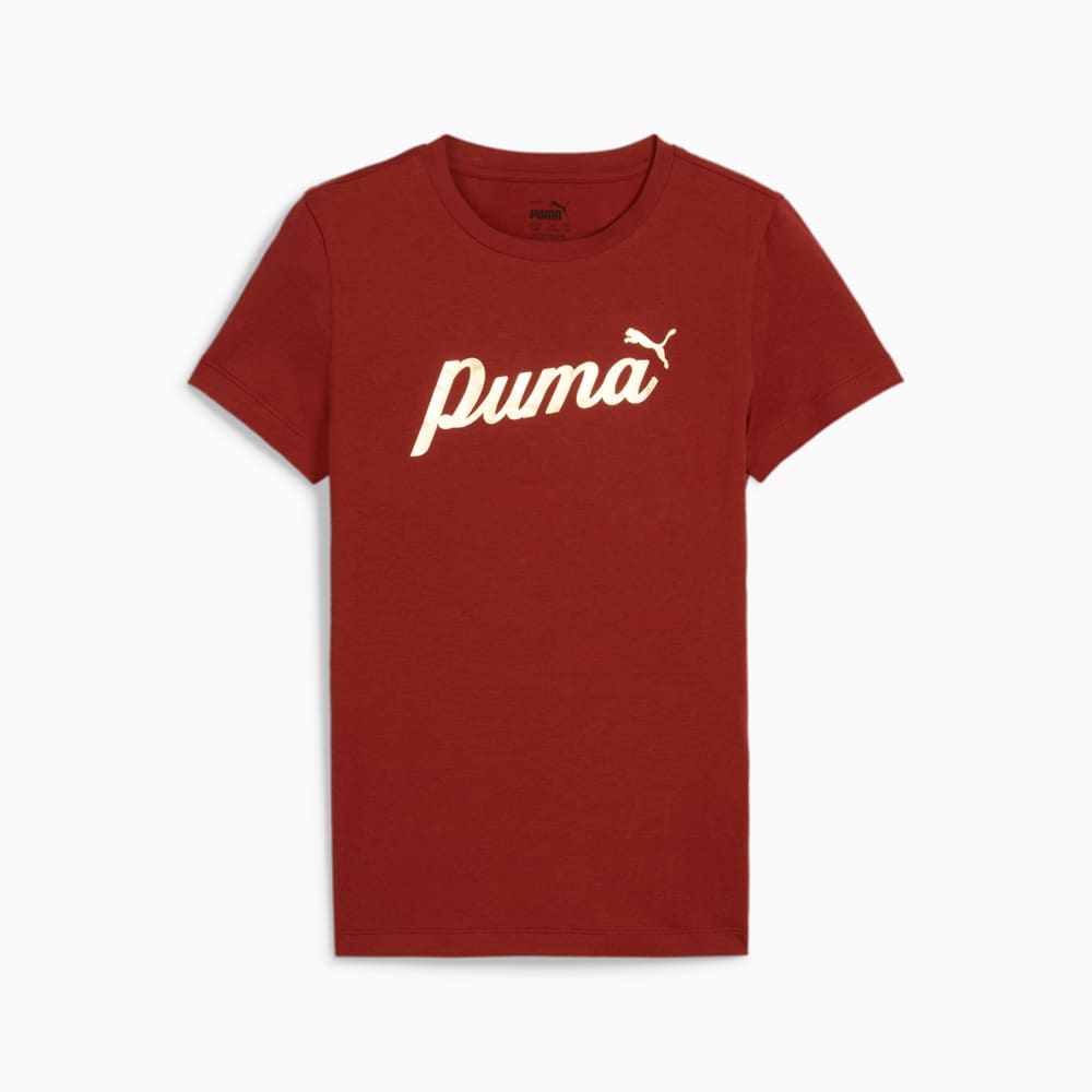 Изображение Puma Детская футболка ESS+ SCRIPT Metallic Tee Youth #1: Intense Red-gold foil