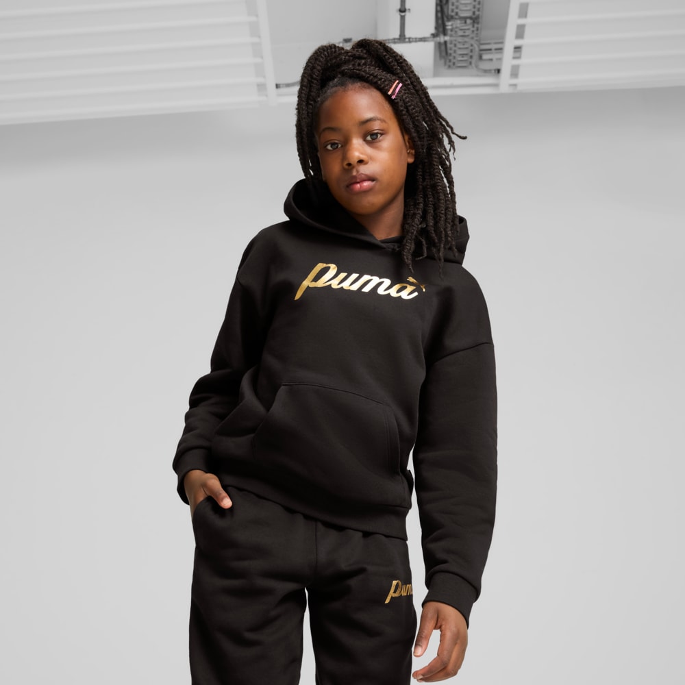 Изображение Puma Детское худи ESS+ SCRIPT Hoodie Youth #1: Puma Black-Gold foil