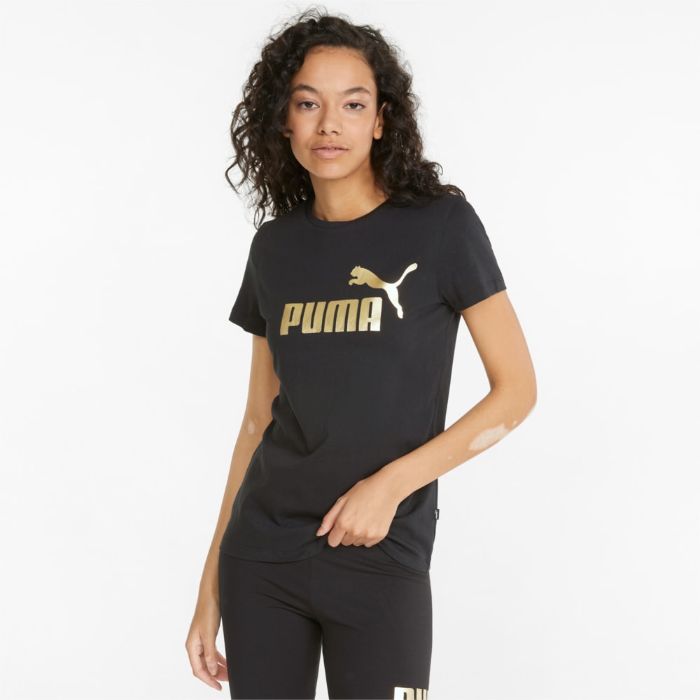 Изображение Puma Футболка Essentials+ Metallic Logo Women's Tee #1: Puma Black-Gold foil