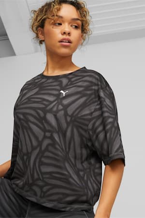 Train Favourite Printed Training Crop Tee Women, PUMA Black-Marble, extralarge-GBR