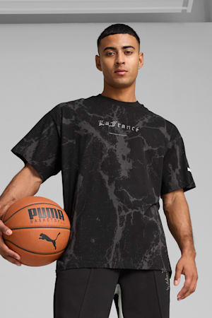 PUMA HOOPS x LAFRANCÉ Written in Chrome Marble Tee Unisex, PUMA Black-Flat Medium Gray AOP, extralarge-GBR