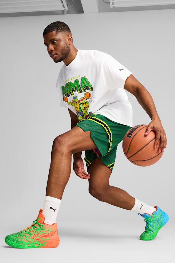 PUMA HOOPS x TMNT MB.04 LM Basketball Shoes Unisex, Fluro Green Pes-PUMA Green-Bright Aqua-Orange Glow, extralarge