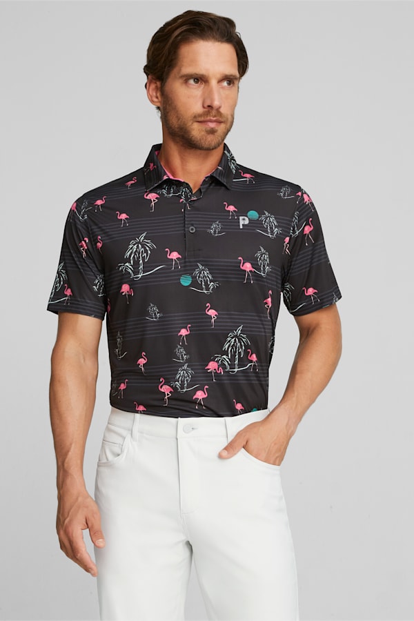 PUMA x PALM TREE CREW Men's Golf Print Polo, PUMA Black-Charming Pink, extralarge