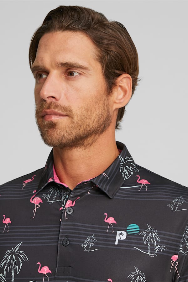 PUMA x PALM TREE CREW Men's Golf Print Polo, PUMA Black-Charming Pink, extralarge