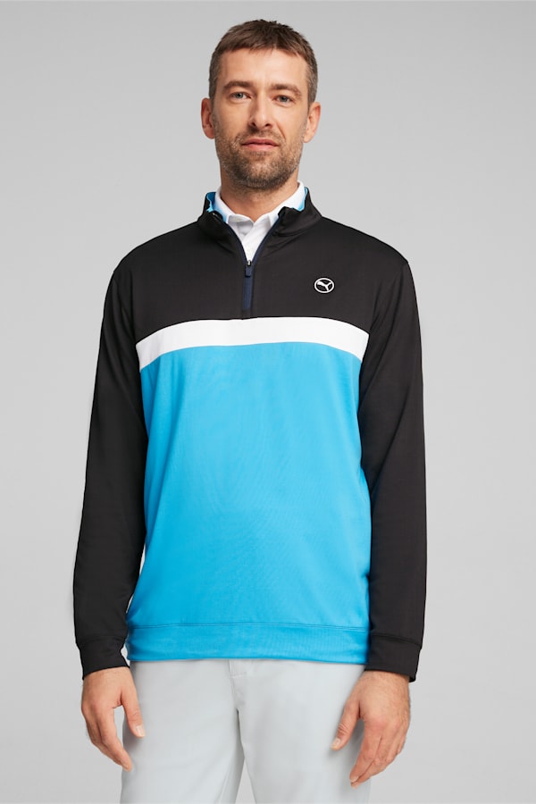 Pure Colourblock Men's Golf Quarter-Zip, PUMA Black-Aqua Blue, extralarge