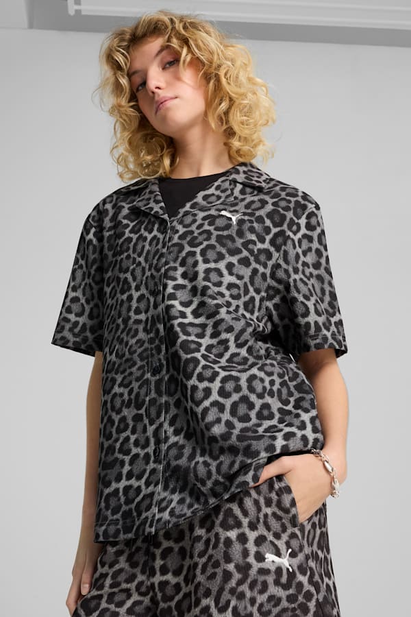 LEO LUXE Relaxed All-Over Print Woven Shirt Women, PUMA Black, extralarge