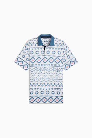 Fair Isle Print Golf Polo Men, White Glow-Blue Horizon, extralarge-GBR
