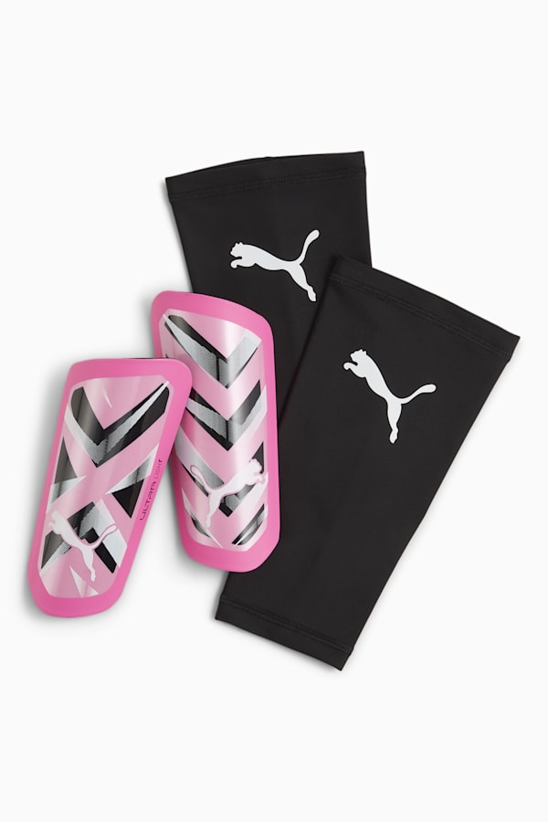 ULTRA Light Sleeve Football Shin Guards, Poison Pink-PUMA White-PUMA Black, extralarge