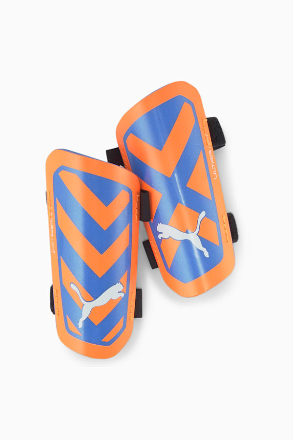 ULTRA Light Strap Football Shin Guards, Ultra Orange-Blue Glimmer, extralarge