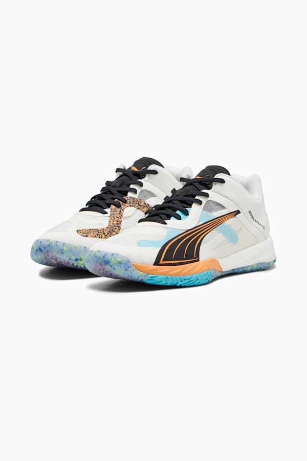 PUMA x FIRST MILE Accelerate NITRO SQD Handball Shoes, Warm White-PUMA Black-Bright Melon-Team Aqua, extralarge-GBR