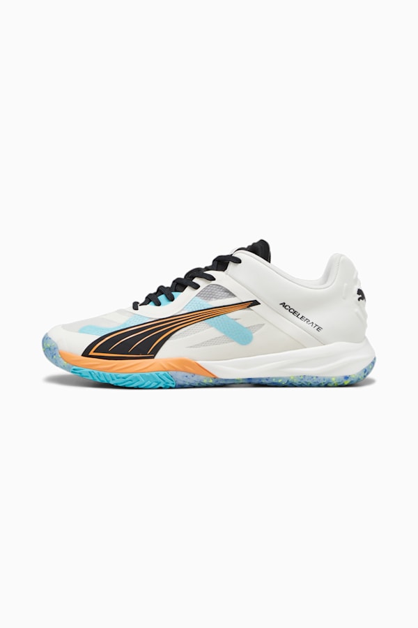 PUMA x FIRST MILE Accelerate NITRO SQD Handball Shoes, Warm White-PUMA Black-Bright Melon-Team Aqua, extralarge-GBR