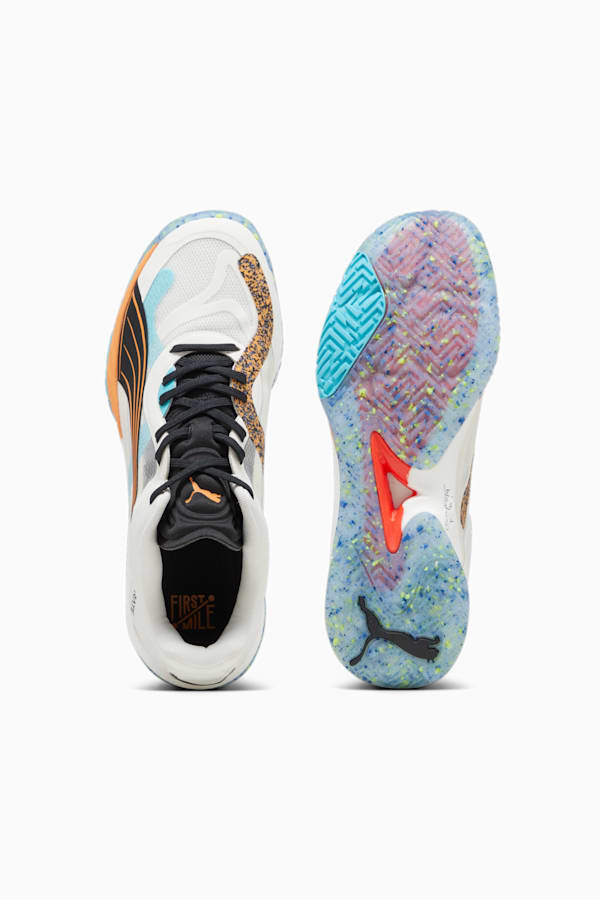 PUMA x FIRST MILE Accelerate NITRO SQD Handball Shoes, Warm White-PUMA Black-Bright Melon-Team Aqua, extralarge-GBR