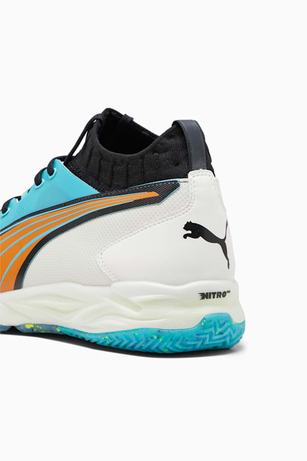 PUMA x FIRST MILE Eliminate Nitro SQD Handball Shoes, Warm White-PUMA Black-Bright Melon-Team Aqua, extralarge-GBR