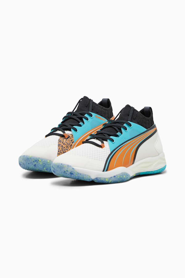 PUMA x FIRST MILE Eliminate Nitro SQD Handball Shoes, Warm White-PUMA Black-Bright Melon-Team Aqua, extralarge-GBR