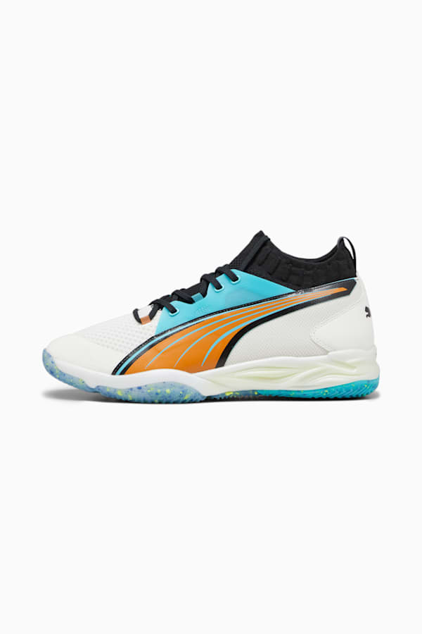 PUMA x FIRST MILE Eliminate Nitro SQD Handball Shoes, Warm White-PUMA Black-Bright Melon-Team Aqua, extralarge-GBR