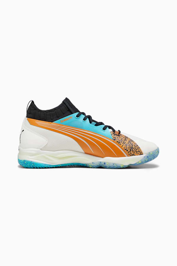 PUMA x FIRST MILE Eliminate Nitro SQD Handball Shoes, Warm White-PUMA Black-Bright Melon-Team Aqua, extralarge-GBR