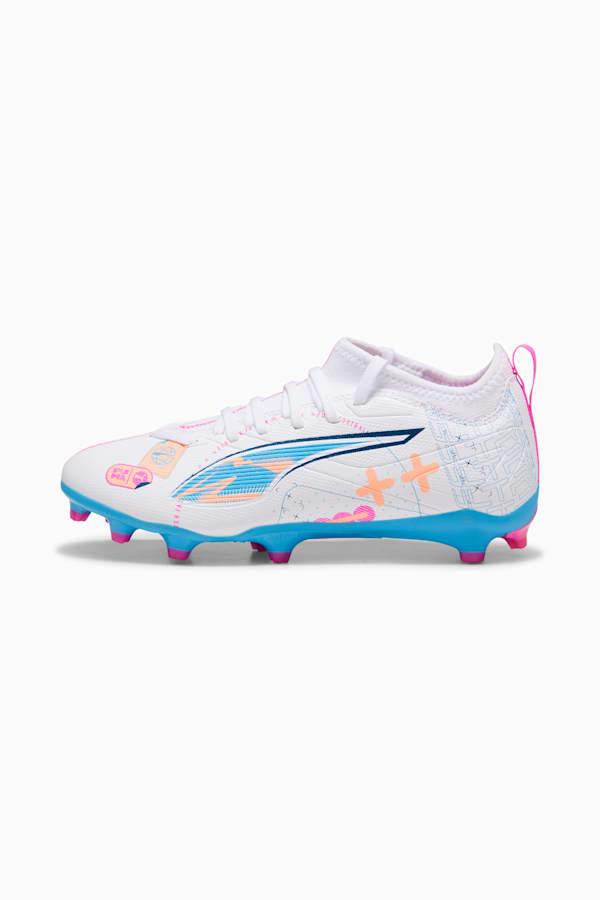 ULTRA 5 MATCH VOLUME UP FG/AG Football Boots Youth, PUMA White-Luminous Blue-Poison Pink-Fizzy Melon, extralarge