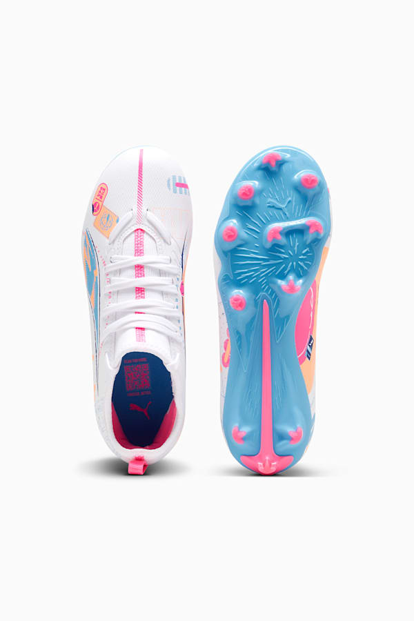ULTRA 5 MATCH VOLUME UP FG/AG Football Boots Youth, PUMA White-Luminous Blue-Poison Pink-Fizzy Melon, extralarge
