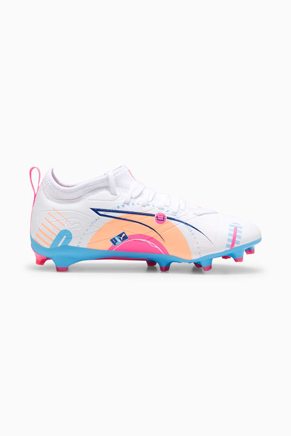 ULTRA 5 MATCH VOLUME UP FG/AG Football Boots Youth, PUMA White-Luminous Blue-Poison Pink-Fizzy Melon, extralarge